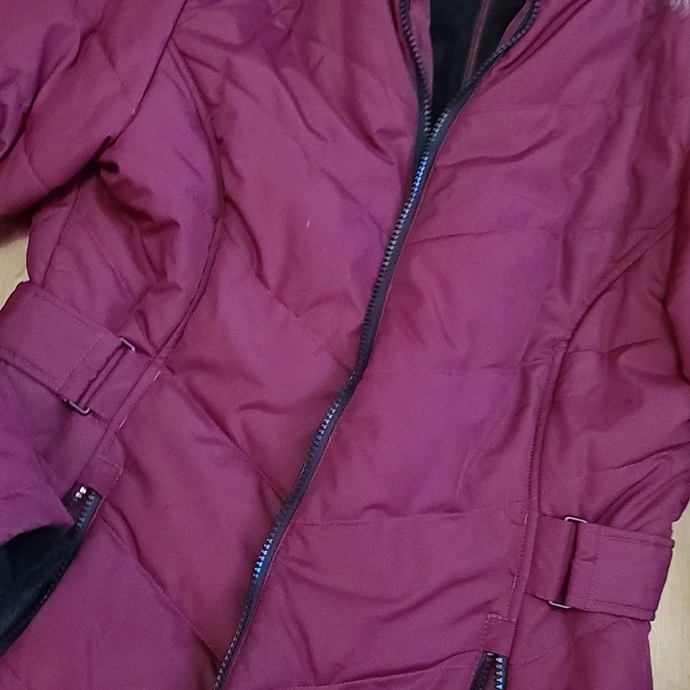Free Country puffer coat w removable zipper fur hoodie maroon color size small - Picture 7 of 12
